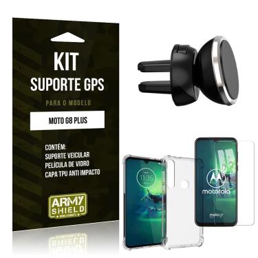 Imagem de Kit Suporte Veicular Magnético Moto G8 Plus Suporte + Capinha Anti Impacto + Película Vidro - Armyshield