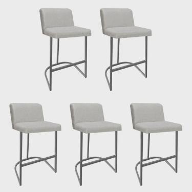 Imagem de Kit 05 Banquetas Com Encosto Noah Luxo Confort Bistrô Cozinha Ferro Cinza Linho Cru - Ahz Móveis