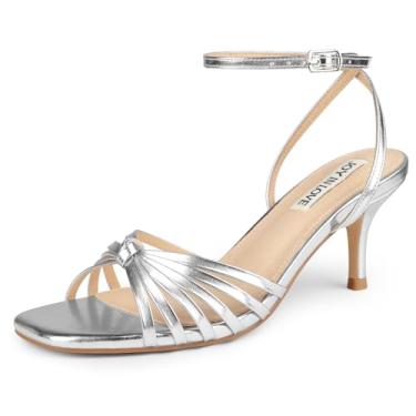 Imagem de JOY IN LOVE Sandálias femininas de salto baixo com tira no tornozelo e salto gatinho, Prata, 37