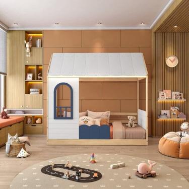 Imagem de Conjunto Cama Montessoriana Reversível Casinha Telhado, Led, Janela, Grade New Garden Casatema Banco/Azul