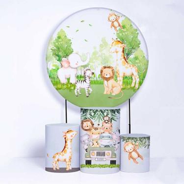 Imagem de Kit Painel de Festa Redondo de 1,80m e Trio de Cilindros Safari - Fera Print