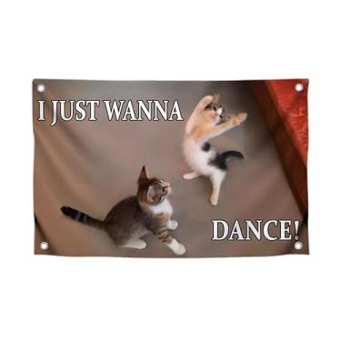 Imagem de Bandeira meme de gato com citação "I Just Wanna Dance" com quatro argolas de latão - Bandeira com gatos para sala de estar - Banner de animais engraçados para interior ou exterior - Decoração de