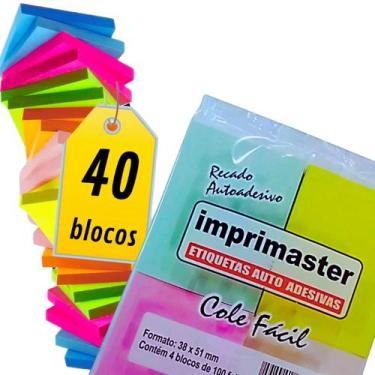 Imagem de 40 Blocos Recados Cole Fácil 38x50mm Colorido 100fls