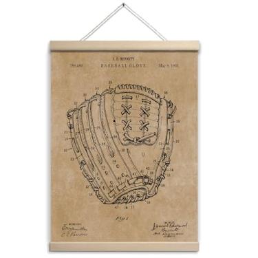 Imagem de Luvas de beisebol vintage arte de parede pôsteres esportivos retrô emoldurados com cabide de madeira, decoração de quarto de beisebol, decoração de beisebol, decoração de beisebol para meninos, quarto