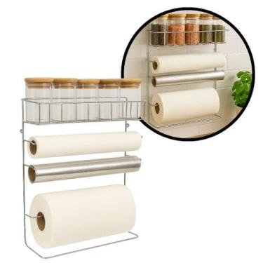 Imagem de Suporte Para Cozinha 4 em 1 Aço Cromado Porta Rolos com 5 Potes Vidro 