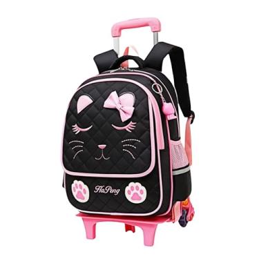 Imagem de Mochila com rodinhas para meninas, mochilas escolares com cara de gato, mochilas infantis com rodas e bagagem de mão, 6 rodas pretas, Large, Apenas mochila com rodinhas