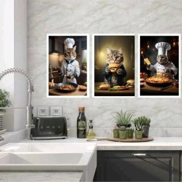 Imagem de Kit 3 Quadros Para Cozinha Gatos Com Comidas 33X24Cm - Quadros On-Line