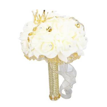 Imagem de Peony Rose, Buquê de Casamento Pu Coroa Crown Satina Bridesmaid Flor Artificial 27x18cm Arranjo de Suspensão Display Photography Adereços (Ouro)