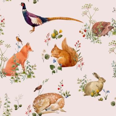 Imagem de VaryFloral Papel de parede de animais da floresta coelho raposa veado esquilo ouriço papel de parede para quarto de crianças berçário descasque e cole animais fofos papel de contato floral DIY para