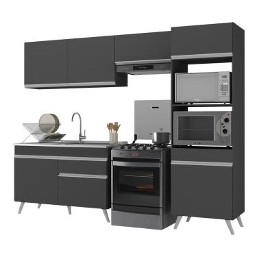 Imagem de Cozinha Compacta Veneza 7 Portas 1 Gaveta MDF 252cm Preto Branco com Tampo e Pés Retrô