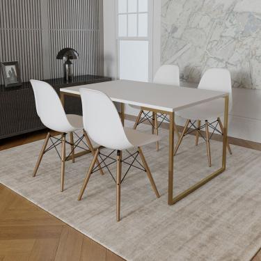 Imagem de Mesa Jantar Industrial Retangular 137X90Cm Branca Base Dourada Com 4 Cadeiras Madeira B Cor: Branco