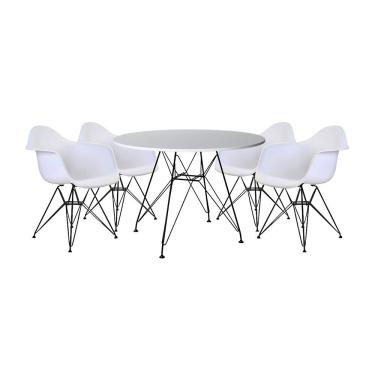 Imagem de Mesa Sala De Jantar Redonda 90Cm Branca Com 4 Poltronas Brancas Ferro Preto Cor: Preto