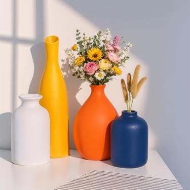 Imagem de XIYOUQI Conjunto De 4 Vasos Pequenos Cerâmica Multicoloridos, Vaso Branco, Amarelo, Laranja E Azul, Estilo Minimalista Moderno Para Decoração Rústica, Sala Estar Decorativa Ideal, Lareira Jantar, En