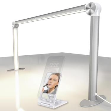 Imagem de STOLAS Luminária Meia-Lua Para Mesa De Unhas Com Suporte Celular, 35,5 Cm Altura, 3 Modos, 3000K-6000K, Regulável, Lâmpada Tech (Prata)