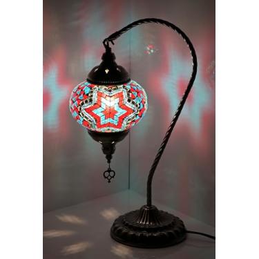 Imagem de GOGERS Luminária Turca Marroquina Com Pescoço De Cisne, Feita À Mão, Em Vidro Mosaico Colorido, Abajur Vintage, Estilo Boêmio Tiffany, Iluminação Noturna Para Quarto E Sala Estar (Azul Vermelho)