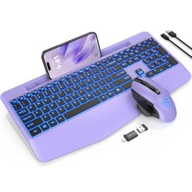 Imagem de Teclado e mouse sem fio, descanso de pulso, mouse jiggler, teclado ergonômico recarregável com suporte de telefone, combo de iluminação silenciosa para computador, Mac, PC, laptop, Chromebook (roxo)