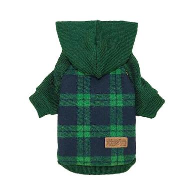 Imagem de Fitwarm Moletom com capuz xadrez tartan, roupas de malha para cães pequenos menino, suéter para animais de estimação com capuz, roupa de inverno para gatos, verde, grande