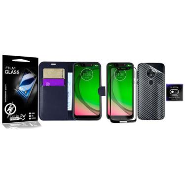 Imagem de Carteira Preta + Skin Carbono + Vidro 3d + Câmera Moto G7 Play XT1952 