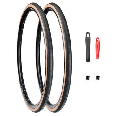 Imagem de ZUKKA Pneu de bicicleta 700C pneu 700 x 32C pneu de substituição dobrável para bicicleta de engrenagem fixa bicicleta híbrida cascalho bicicleta (marrom/2 pneus + 2 alavancas, 700 x 32C)