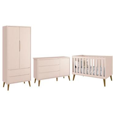 Imagem de Dormitório Infantil Theo Retrô 2 Portas, Cômoda 1 Porta e Berço com Pés Amadeirado - Reller Móveis Rosa Fosco