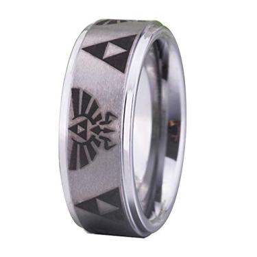 Imagem de CLOUD DANCER Anel Crest and Triforce com tema de jogo com padrão laser 8 mm de largura prata degrau carboneto de tungstênio anel de noivado - gravação personalizada, Metal, Tungstênio