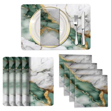 Imagem de Mcalk Conjunto de 8 jogos americanos e guardanapos de pano de mármore verde, jogo americano de arte moderna, guardanapo de pano com estampa de mármore para decoração de cozinha em casa (jogo americano