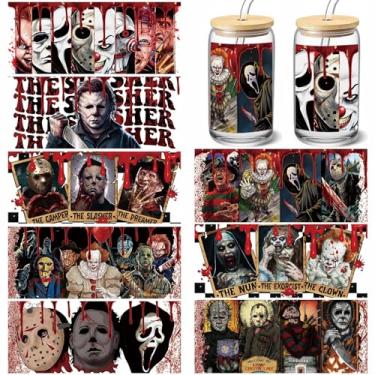 Imagem de 8 folhas de adesivo UV DTF para copos, personagens de filmes assustadores de Halloween, esfregar em transferências para vidro, 473 ml, decoração criativa de festival, sem necessidade de calor, pronto