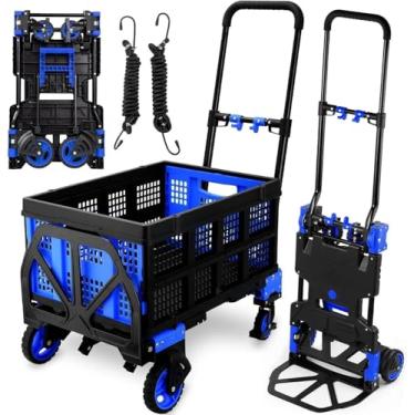 Imagem de Carrinho de mão 2 em 1 dobrável com cesta dobrável, carrinho de mão dobrável de 150 kg, combinação de 4 rodas e 2 rodas carrinho conversível com alça retrátil para se mover