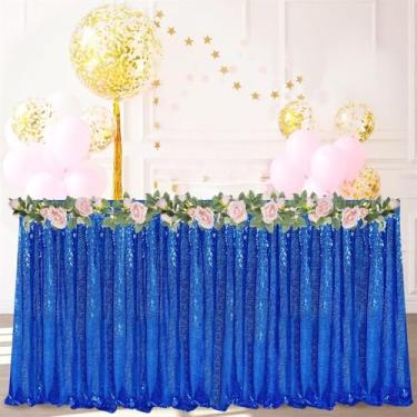 Imagem de Saia de mesa com lantejoulas, rosa, ondulado, com babados e brilhante, para decoração de chá de panela e festa de aniversário, 1 peça azul, 6 pés, 70 x 183 cm