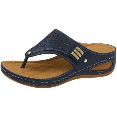 Imagem de Sandálias femininas casuais com suporte de arco e fivela e tira de fivela, chinelos femininos para verão, praia, banheiro, sapatos de couro à prova d'água, Azul, 34