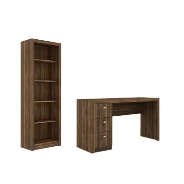 Imagem de Escritório com Mesa para Computador c/ 3 Gavetas e Armário Nogal - FdECOR