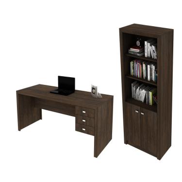 Imagem de Escritório com Mesa para Computador e Armário c/ Prateleiras 2 portas Rústico - FdECOR