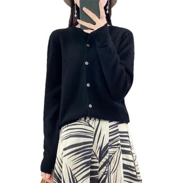 Imagem de Cardigan De Lã Merino Sólida Para Mulheres Com Decote O Jaqueta Quente Sólida Casual De Malha, Black, L