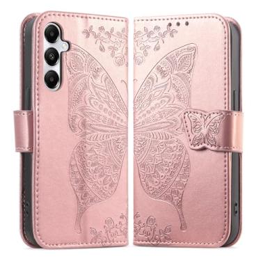 Imagem de DiGPlus Capa carteira para Samsung Galaxy A15, [borboleta e flor em relevo] Capa de couro premium com compartimentos para cartões e suporte flip para Samsung Galaxy A15 (ouro rosa)