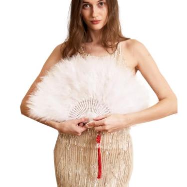 Imagem de Happy Feather Leque portátil de penas de marabu, leque de melindrosa estilo vintage dos anos 20 para festas à fantasia e dança - branco