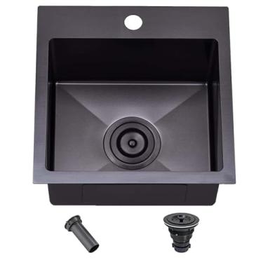 Imagem de SHACO Pia de barra preta de 38 cm, montagem superior de aço inoxidável, 38 x 38 cm, pequena tigela única, pia de cozinha, preta, calibre 16, pequena pia de cozinha com ralo de filtro