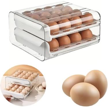 Imagem de Cesta Bandeja Organizador Porta Ovos, Gaveteiro Duplo Para Geladeira, Cozinha, Bancada, Gaveteiro 2 Camadas, Recipiente De Armazenamento Até 32 Ovos, Design Empilhavel, Multiuso, Resistente.