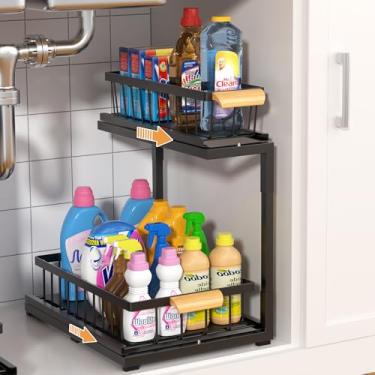 Imagem de Organizador de armário embaixo da pia, prateleiras de armazenamento de 2 camadas, sistema de gaveta de cozinha de banheiro ajustável, preto (preto, grande - 1 pacote)