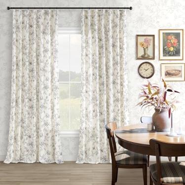 Imagem de Cortinas pretas plissadas de linho floral de 300 cm para sala de estar, estampa de flor de peônia, cortina padronizada, casa de fazenda, vintage, filtro de luz campestre extralongo, cortinas plissadas