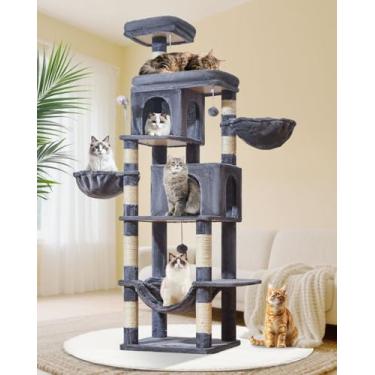 Imagem de Taoqimiao Árvore para gatos, torre de gatos de 197 cm para gatos grandes, condomínios de vários níveis para gatos internos com 2 condomínios, plataforma extra-lagre, 2 cestas suspensas, rede, 8 postes
