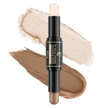 Imagem de FV Bastão de contorno e iluminador 2 em 1, de longa duração e misturável, acabamento natural, maquiagem modeladora de rosto para mulheres (02 leve/médio, 9,5 g)