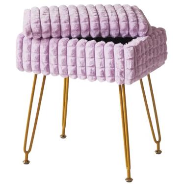 Imagem de IBUYKE Cadeira retangular com espaço de armazenamento, apoio para os pés, banquinho de penteadeira, cadeira de penteadeira, com pés antiderrapantes, para sala de maquiagem, quarto, padrão de grade