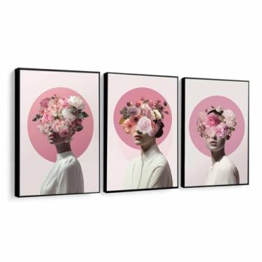 Imagem de Quadros Decorativos Mulher Flores Rosa Abstrato Luxo Moldura (Moldura Preta, 60X80, Sem Vidro)