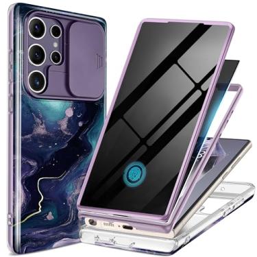 Imagem de GVIEWIN Capa para Samsung Galaxy S24 Ultra, [capa de câmera deslizante e protetor de tela de privacidade integrado] [2 molduras frontais] Capa de telefone mármore à prova de choque de grau militar