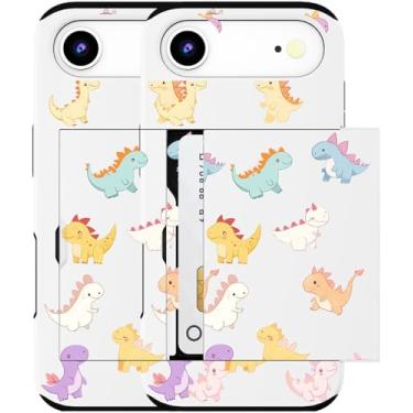 Imagem de MUQR Capa para celular 17 Air compatível com suporte de cartão fofo - Design Kawaii, proteção contra quedas de nível militar, capa carteira robusta para mulheres (dinossauros de desenho animado branco