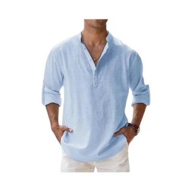 Imagem de Camisas De Verão Casuais Masculinas Em Algodão E Linho Com Gola Henley