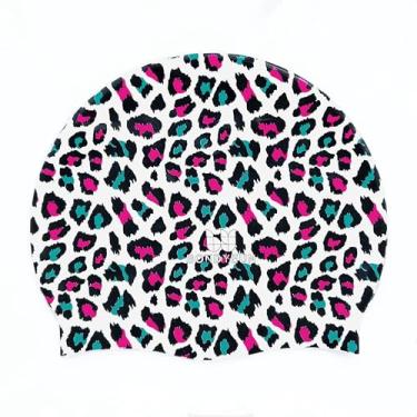 Imagem de BONDYUEN Touca de natação para crianças, meninos, meninas, homens, mulheres, com cabelo curto ou médio, estampas divertidas de design fofo (estampa de leopardo branco)