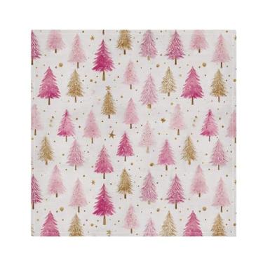 Imagem de Wusikd Conjunto de 6 guardanapos de pano para árvores de Natal com 6 guardanapos de jantar rosa sólidos laváveis reutilizáveis guardanapos de mesa de poliéster grandes 50 x 50 cm com bordas com bainha