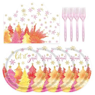 Imagem de 72 peças de pratos e guardanapos de papel de Natal rosa Let It Snow Pratos de festa de Natal dourado rosa floco de neve conjunto de utensílios de mesa para decoração de chá de bebê de inverno, Natal