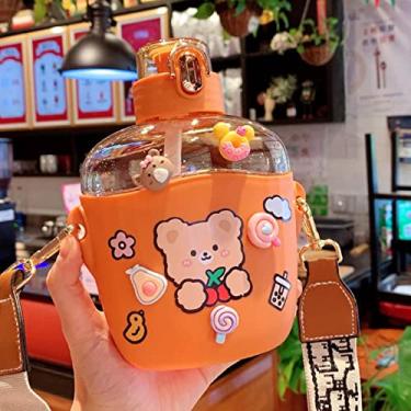 Imagem de Urso Garrafa de água plana de plástico leite suco de chá portátil bonito copo com alça
